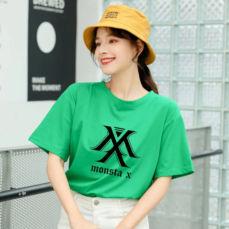 Зеленый MONSTA X Kpop футболка для женщин в Корейском стиле Ulzzang короткий рукав хлопок топы футболки Летняя мода Повседневная Уличная Harajuku tumblr футболка - Цвет: Зеленый