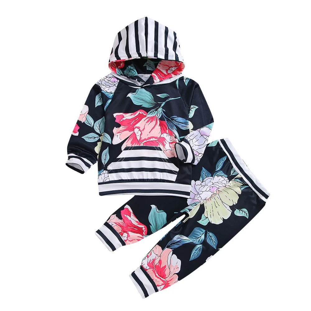 Kid Baby Girl Clothes Set Floral Print Hooded Tops+Pant Long Sleeve Bebe Girl Children Clothes Set