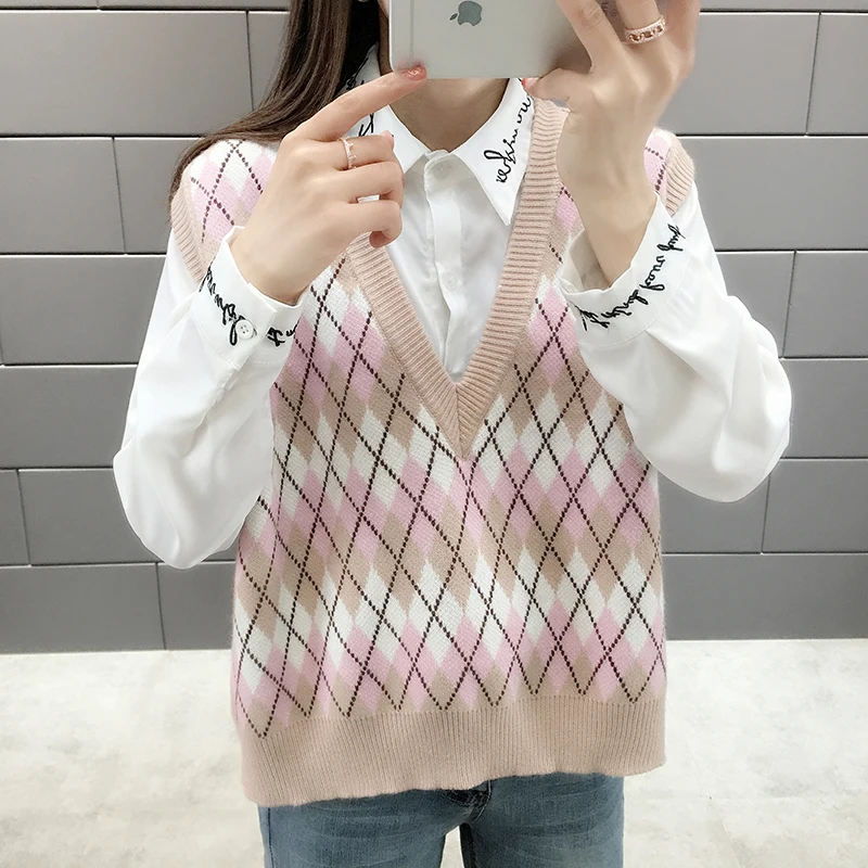 2019 Spring Autumn New V-Neck Argyle Knit Vest Sweater Female Short Preppy Style Women F11 | Женская одежда
