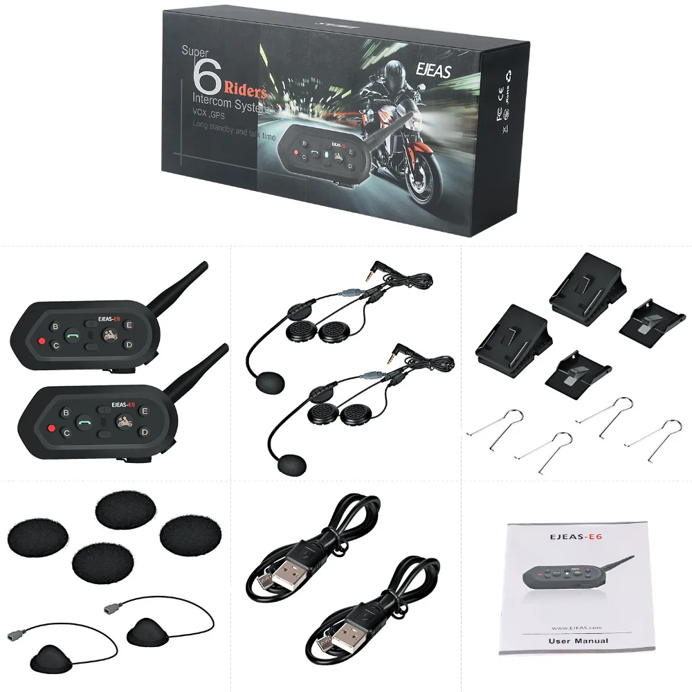 

EJEAS E6 2 PCS Intercom Helmet Headset 1200m Motorcycle Bluetooth Intercom Microphone Phone Communicator Interphone For 6 Riders