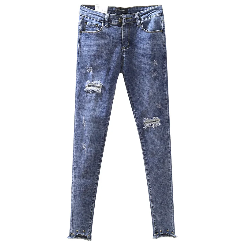 

New 2018 spring jeans, pencils, ulzzang fringed pants, 9 pants, holes, pants, jeans, version.
