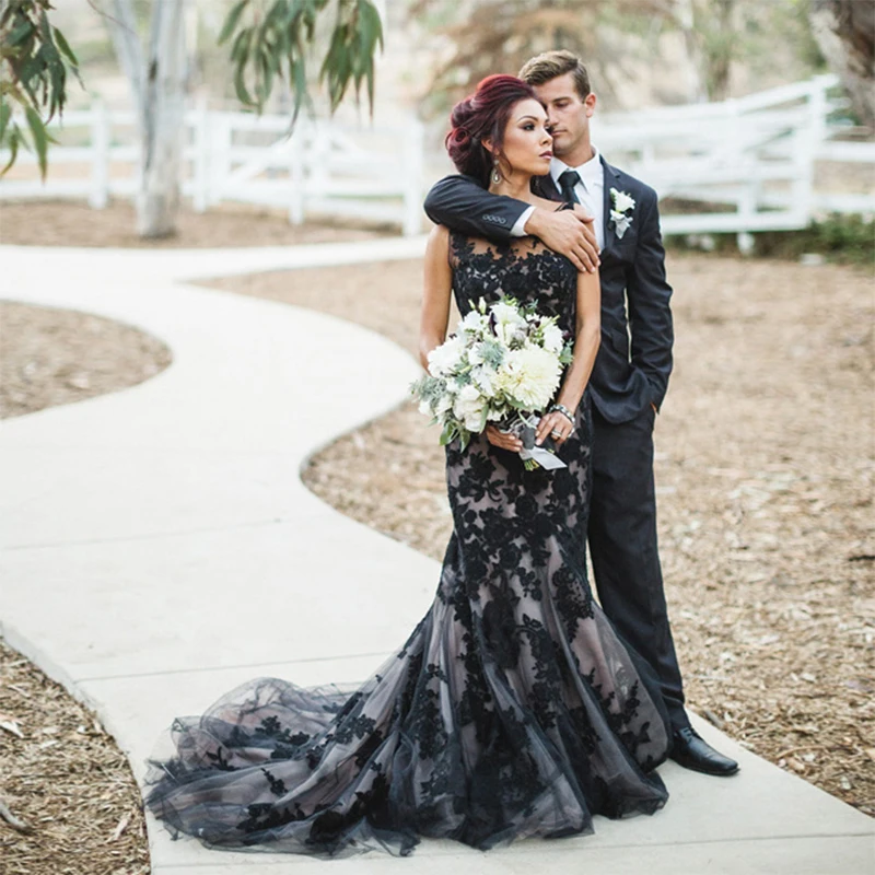 Черное обручальное платье 2017 Классические кружевные вечерние платья русалки