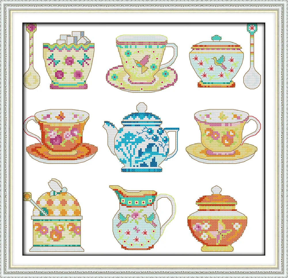 

Tea set Printed Canvas Cross Stitch Kit Home Decore 11CT Fabric 14CT Canvas DMC Embroidery Needlework Cross-stitch set Handmade