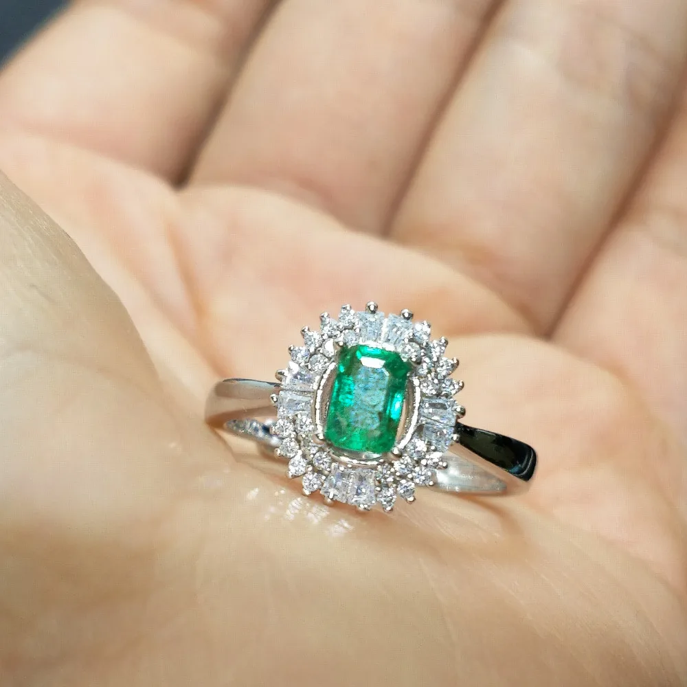 Flzb, натуральный подвеской из изумруда и 0.55ct квадратная 4*6 мм Роскошные кольцо с 925 пробы в покрытием 18-ти каратным белым золотом женское романтическое кольцо подарок