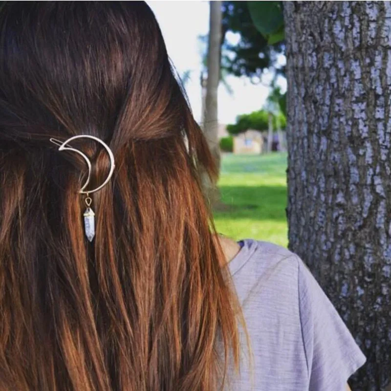 Louleur Moon Shape Hair Clips Quartz Natural Stone Hexagon Prism Charming Hairpin Gifts Hollow Gold Vintage Accessories | Украшения и