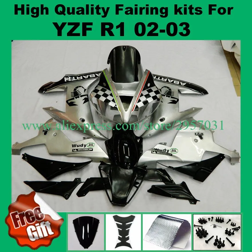 

Free screws+gifts Injection Mold Fairing Kit for YAMAHA YZFR1 02 03 YZF R1 2002 2003 YZFR1000 yzfr1 02 03 Silver