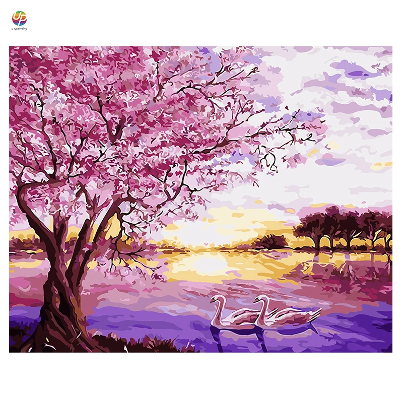 Frameless Digital Painting By Numbers purple tree lake swan Scene Acrylic Paint Modern Wall Art Canvas Home Deco Deal | Дом и сад