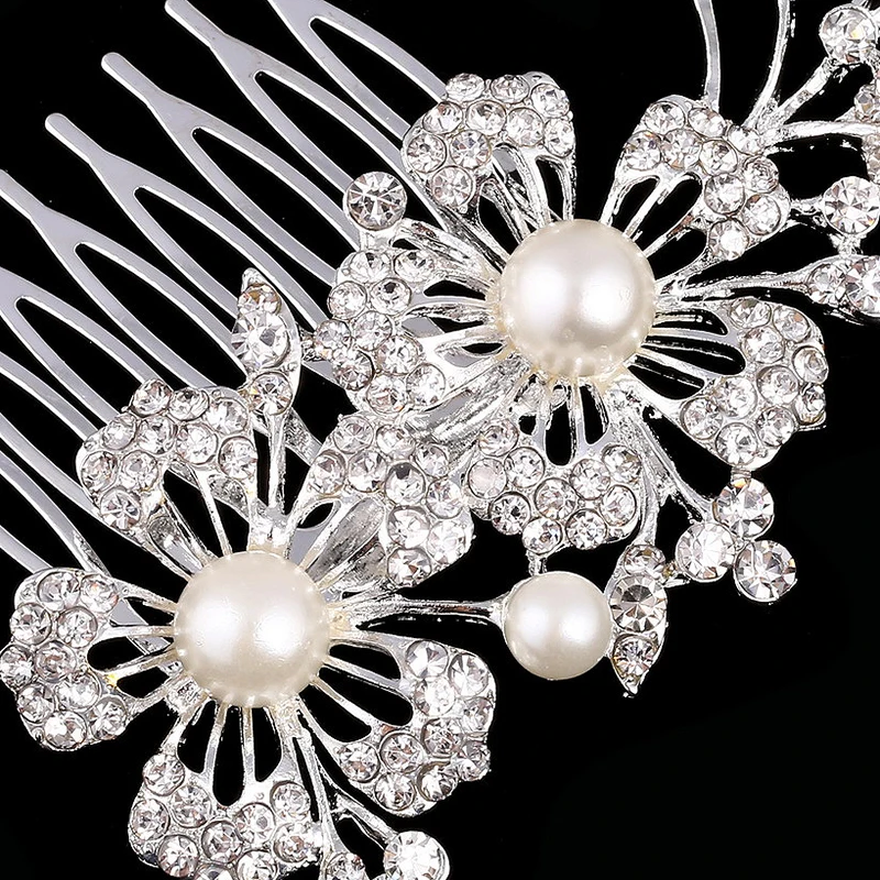 New Arrival Trendy Simulated pearl Double Flower Wedding Tiara Silver color Hair Combs Clips Bridal Accessories for women | Украшения и
