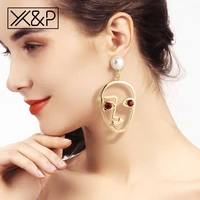 xp fashion gold face drop earrings for women female statement punk geometry hollow long metal dangle hanging earring jewelry