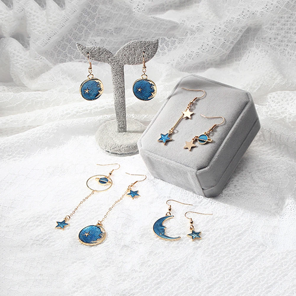 2019 New Korean Style Jewelry Blue Star Moon Long Drop Earrings For Women Asymmetric Round Planet Fashion Girls Gifts | Украшения и
