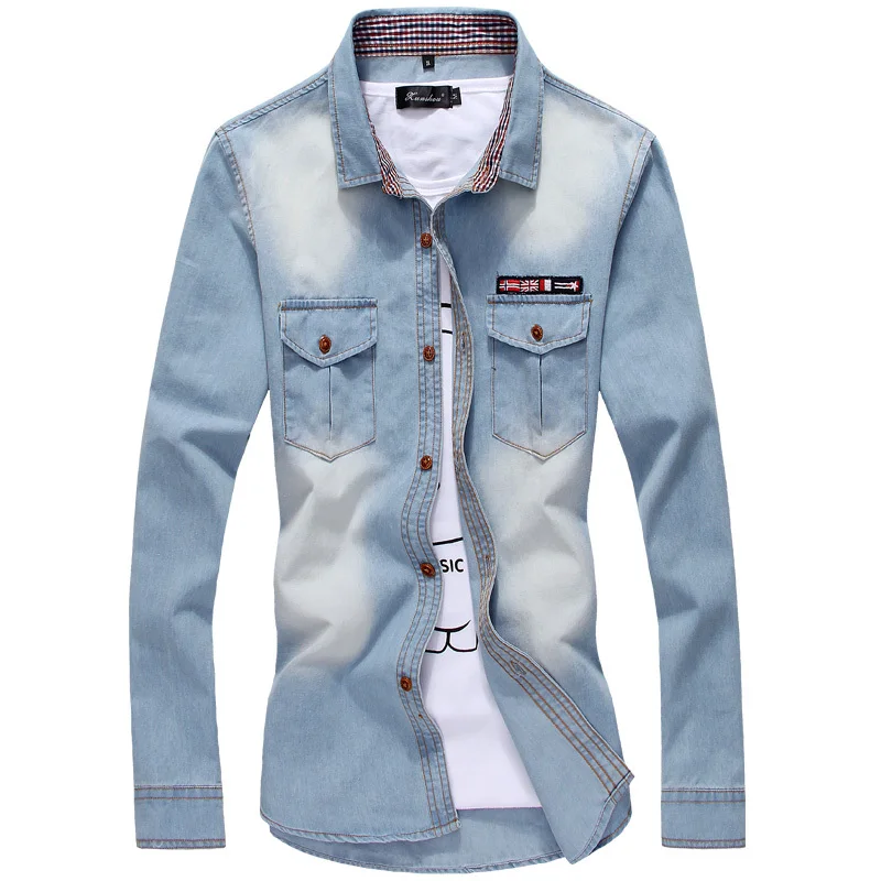 

New High Quality Men Denim Shirt Casual Long Sleeve Fashion Plaid Collar UK Flag Pocket Jean Shirt Man Plus Size 3XL 4XL 5XL