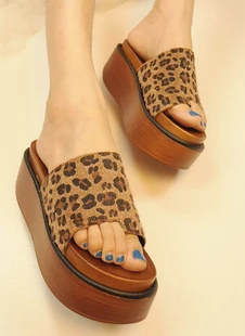 Summer fashion vintage horsehair platform shoes female toe-covering leopard print wedges slippers high heels | Обувь
