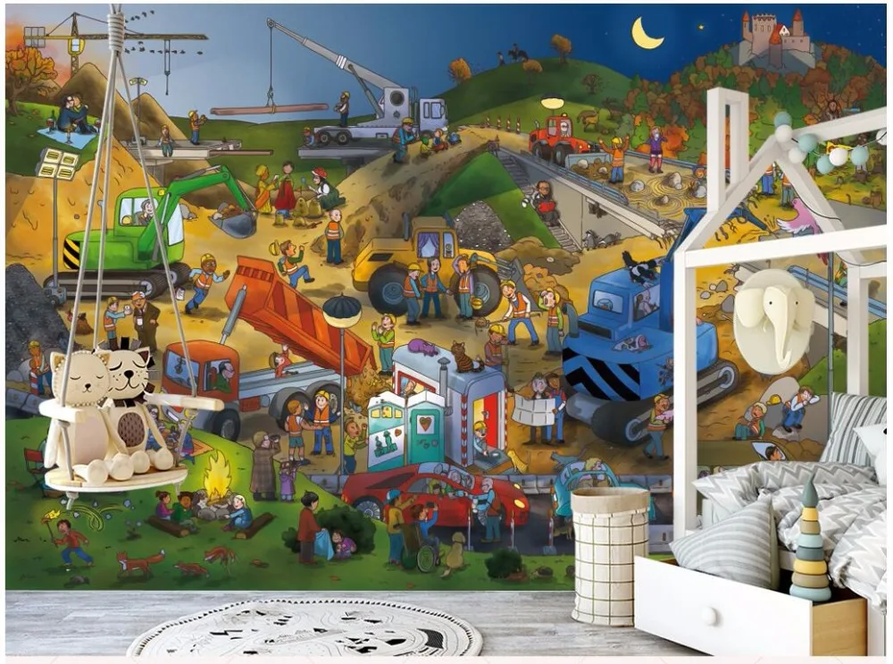 3d обои на заказ современные Мультяшные строительные с изображением рабочих