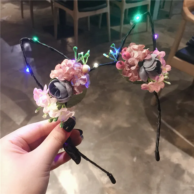 FUNNYBUNNY светодиодный Сияющие мерцающие цветы кошка животные уши повязка мигающий для волос аксессуары - Цвет: 02