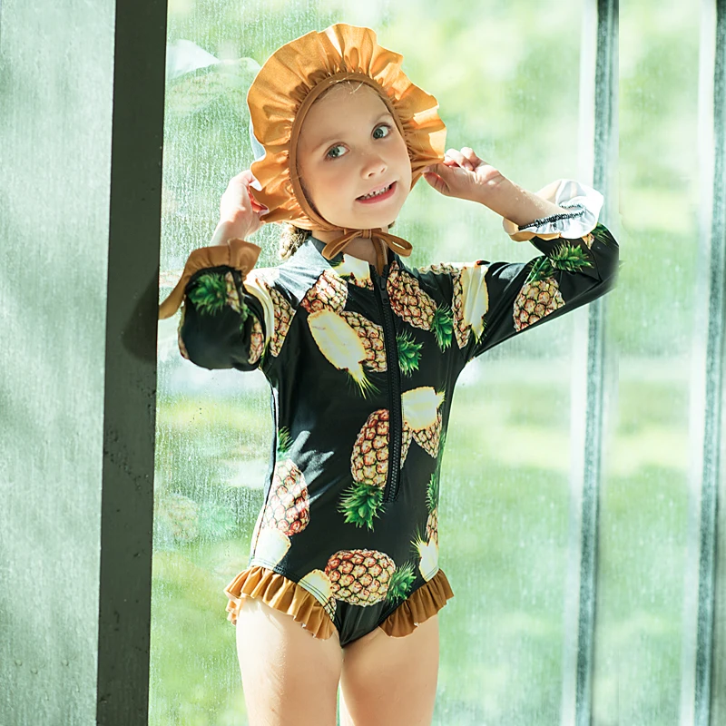 Pineapple Print Lovely Toddle Girls Swimwear Children Swimsuit One Piece Long Sleeves Sunscreen Bikini With Swim Cap | Спорт и