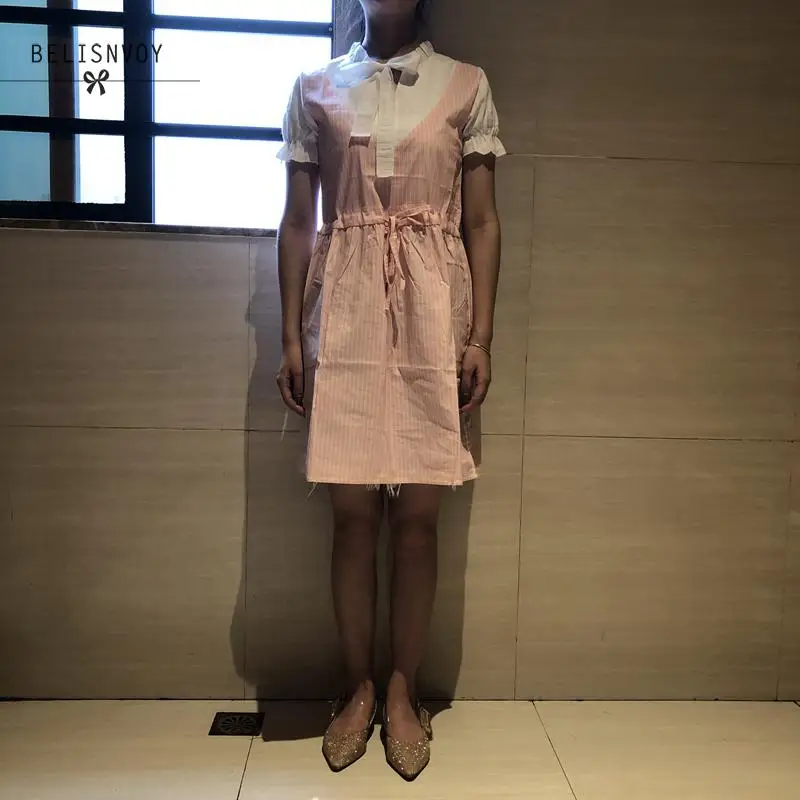 Preppy Style Summer Women Dresses Patchwork Pink Blue Bow Girl's School Uniform Dress Elegant Short Sleeve Kawaii Striped | Женская