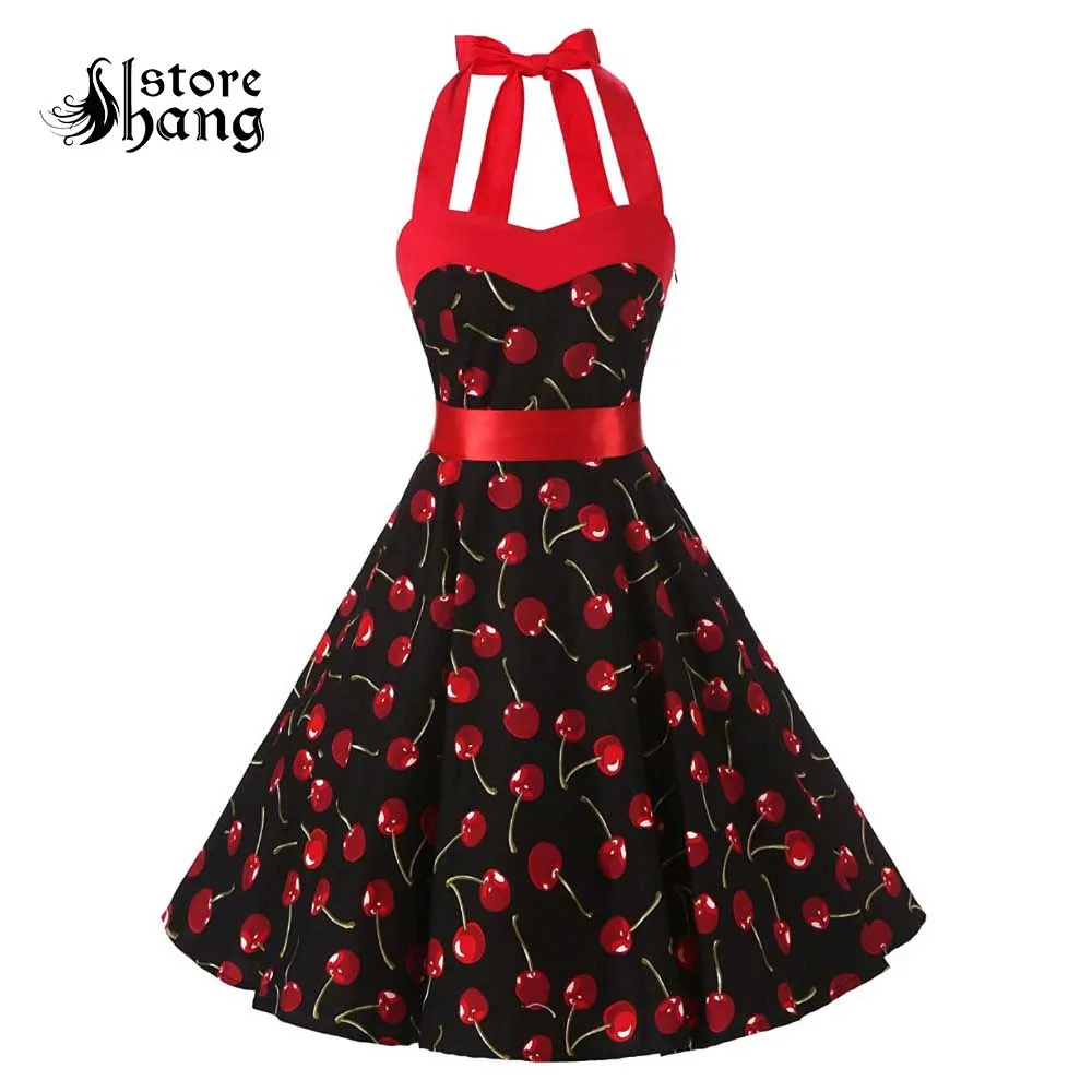 Винтажное платье в горошек Rockabilly Одри для женщин с лямкой на шее со шнуровкой