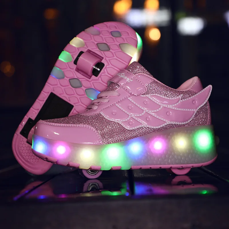New Pink USB Charging Fashion Girls Boys LED Light Roller Skate Shoes For Children Kids Sneakers With Wheels Two wheels | Детская одежда