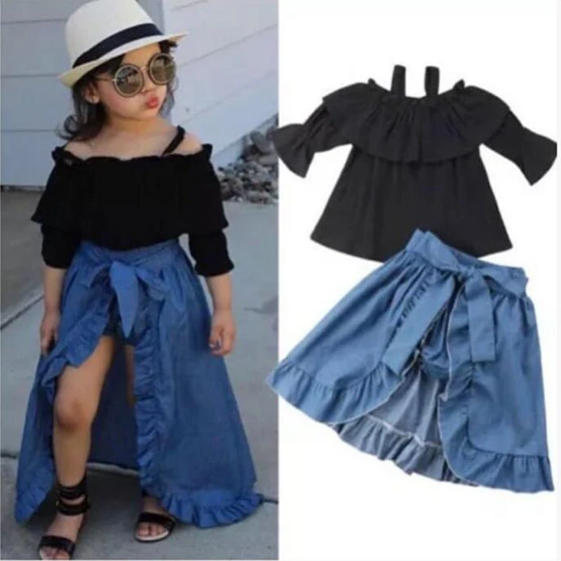 

Kids Girls Clothes 3pcs Sets Girls Black off shoulder T-shirt + Denim Dress + Underwear Clothing Infant Kids Girls Set