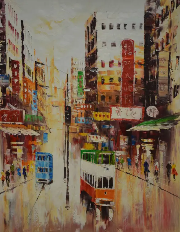 

Knife Oil Painting Hand Painted Old HongKong Street Landscape Wall art picture Home Decor Modern Canvas Painting