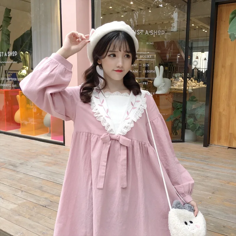Harajuku Весна Винтаж оборками Kawaii платье кружево лоскутное высокая талия милое