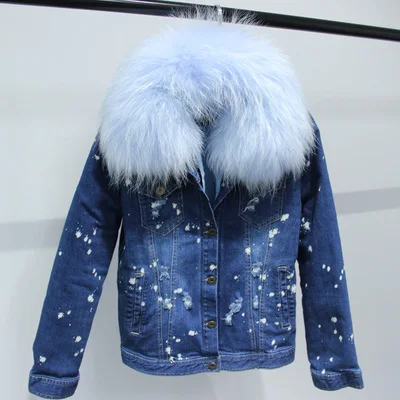sky blue dots 2 Новая джинсовая Меховая куртка для женщин, воротник из натурального меха енота, Экологически чистая подкладка для зимнего пальто, женские парки, джинсовые пальто - Цвет: sky blue dots 2