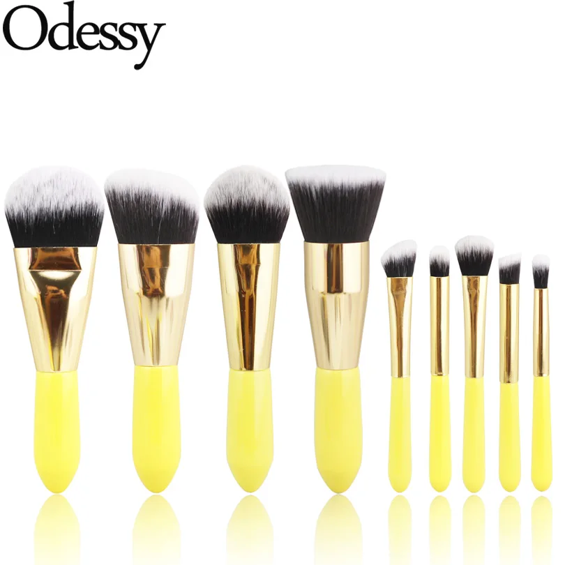 ODESSY Pro 9 шт. мягкие синтетические кисти для макияжа с желтой деревянной ручкой