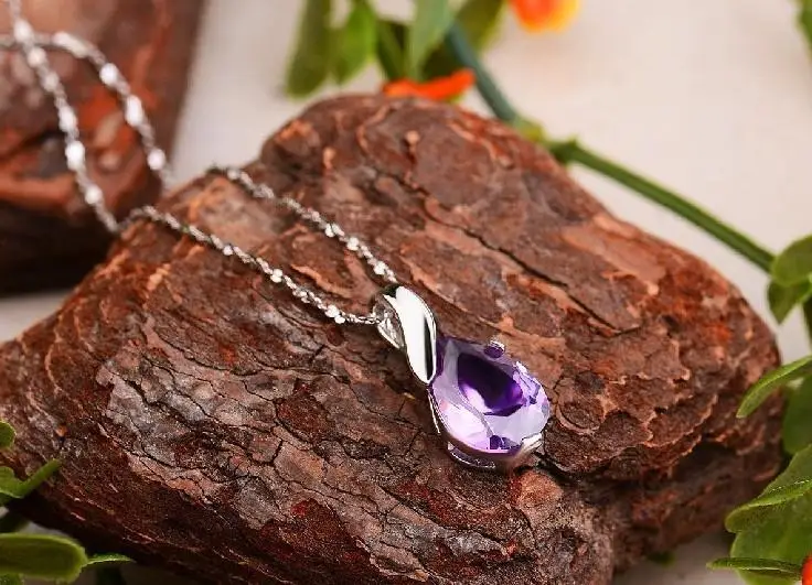 100% 925 Sterling Silver Fashion Purple Crystal Ladies Pendant Necklaces Jewelry Wholesale Short Chain Women Birthday Gifts | Украшения и