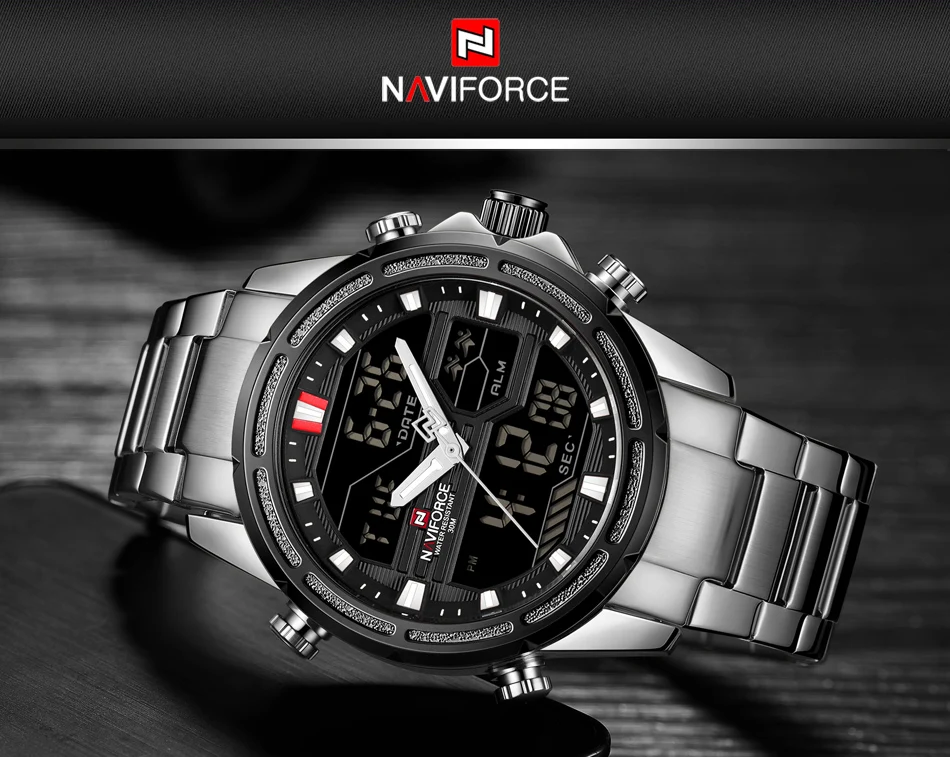 NAVIFORCE люксовый бренд мужские военные спортивные часы мужские модные армейские кварцевые часы мужские из нержавеющей стали светодиодный аналоговые цифровые часы