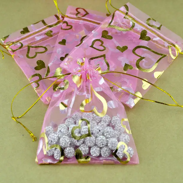 

7x9cm Gold Heart Pink Drawstring Pouch Jewelry Gift Bag,100pcs/lot Candy Party Holiday New Year Christmas/Wedding Gift Pouch Bag