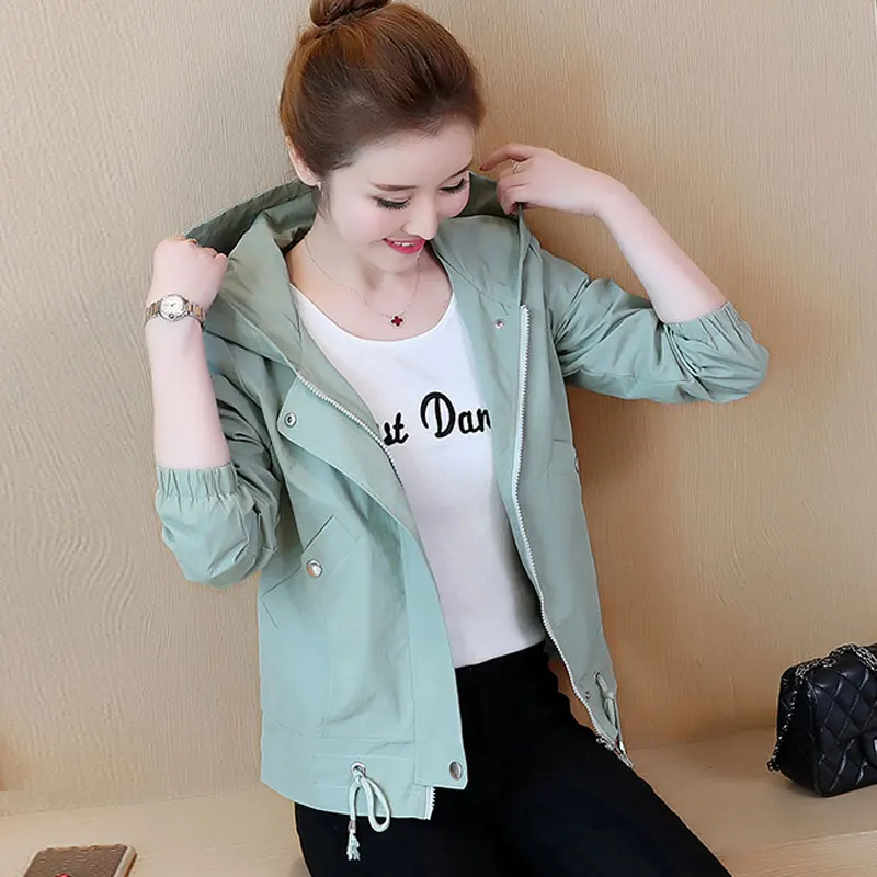 2020 Spring Autumn Women's Windbreaker Jacket Long-sleeved Loose Casual Hooded Plus Cotton Short Coat Outerwear Size W92 | Женская