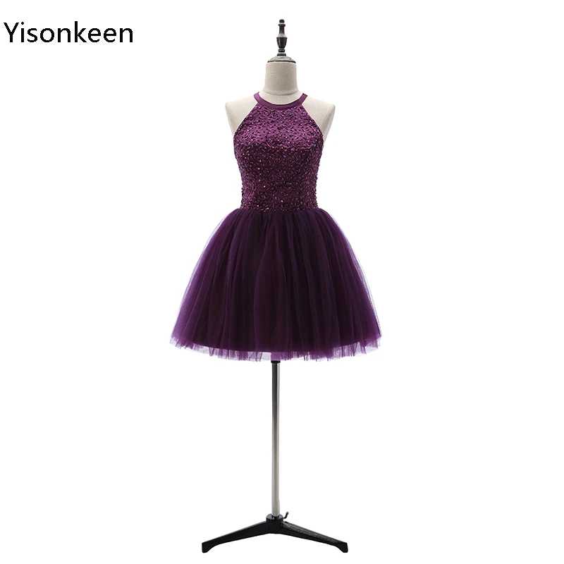 2017 Холтер линии Тюль Короткие Бальные платья бисера Юниоры Кристалл Выпускной