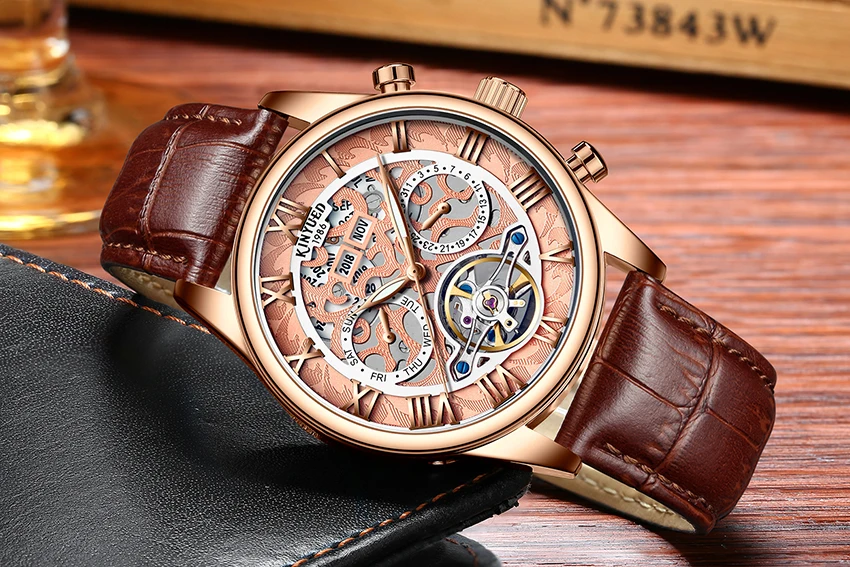 KINYUED Tourbillon автоматические часы мужские розовое золото год Дата День Скелет Механические мужские s herenhorloges mechanische horloges