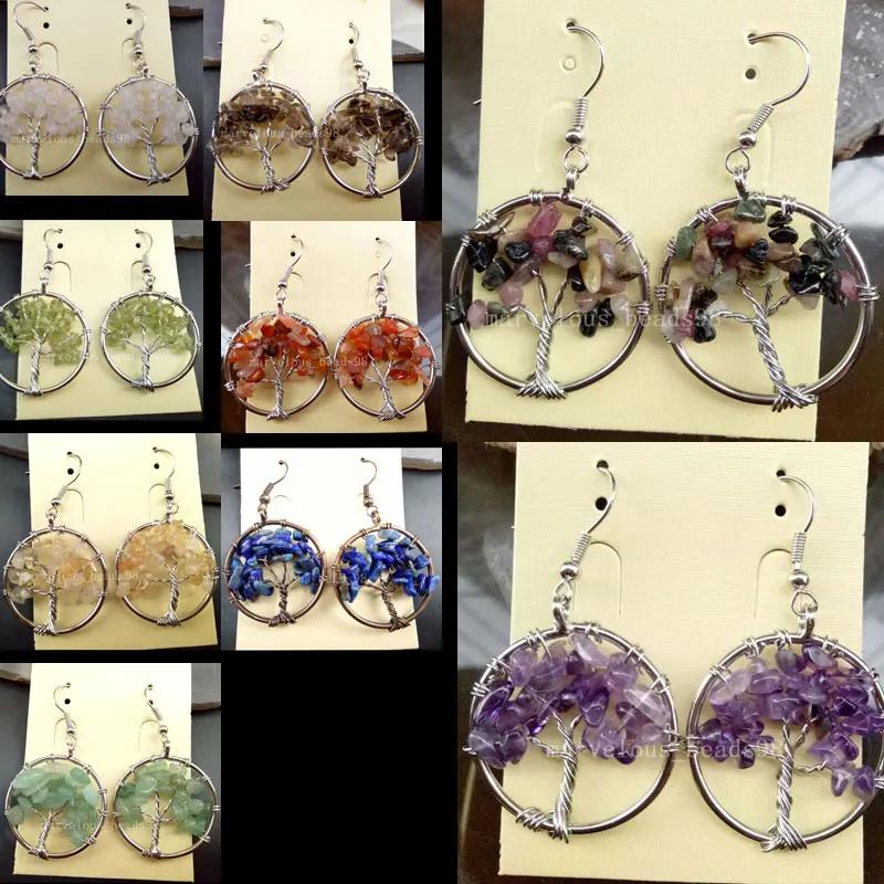29 мм Древо жизни-Howlite лазурит Турмалин Лабрадорит желтый кристалл провода обернуть круглые свисающие серьги WB479
