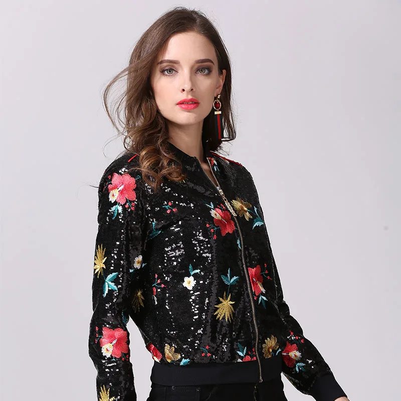 Повседневная куртка Новый осень 2017 г. стильная женщина блестками цветочный