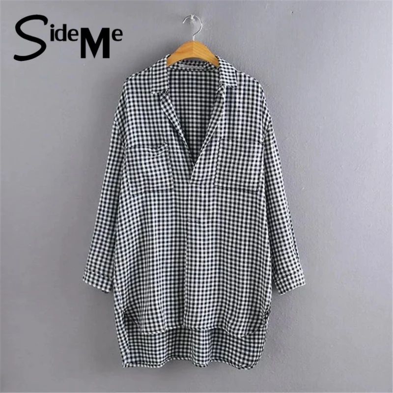 2017 Летняя Мода V-образным Вырезом отложным Воротником Плед Карман Вскользь femme