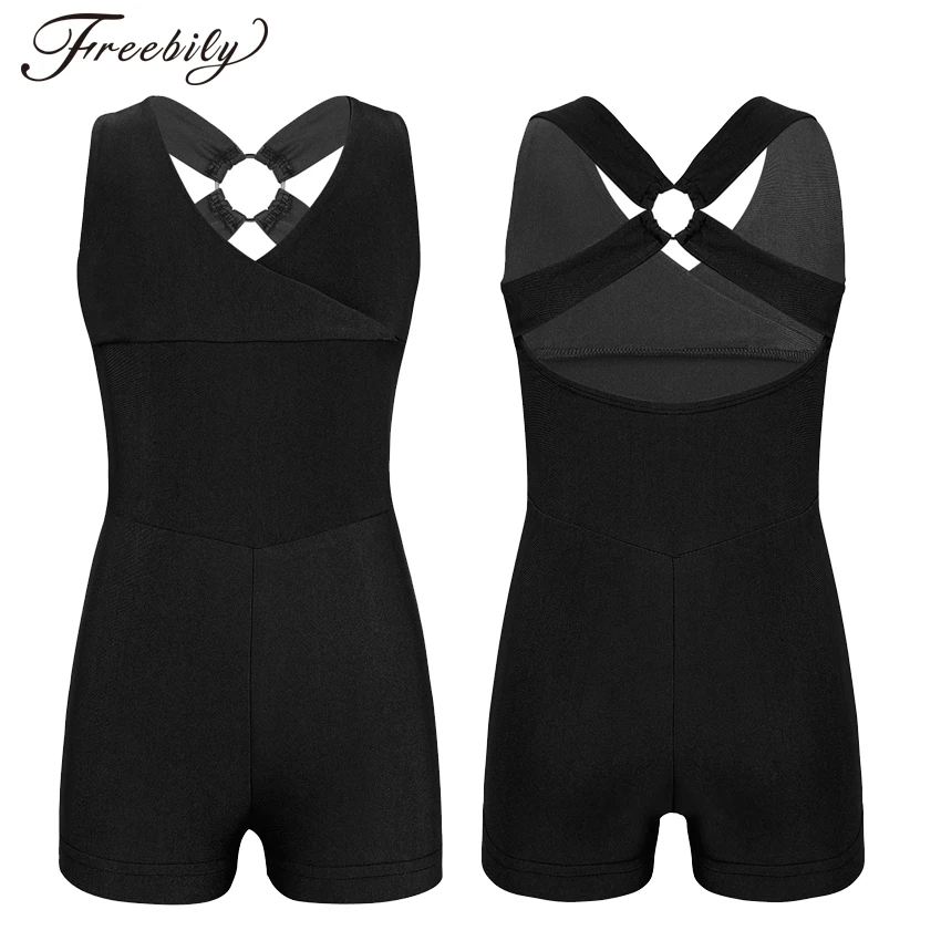 

Girls Ballet Leotard Bodysuit Unitard Shorts Sleeveless V Neckline Cross Back Ballet Dance Gymnastics Leotard Jumpsuit