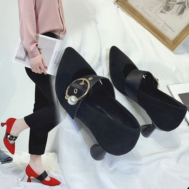 HOT Dress Shoes High Heels Boat Wedding tenis feminino Summer Women Pointed Toe Pumps Side with Pearl 5CM | Обувь