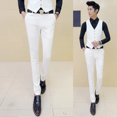 white men pants Формальные Брюки для Для мужчин для свадьбы и выпускного Для мужчин s Брюки Slim Fit повседневные штаны вечерние одноцветное Цвет Белый Красный мужские брюки - Цвет: white men pants