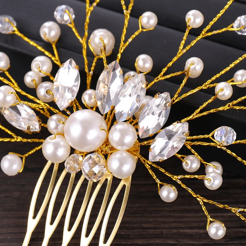 Hot Silver Color Gold Hair Ornaments Pearl Crystal Tiara Wedding Combs Handmade Bridal Fashion Accessories For Women | Украшения и