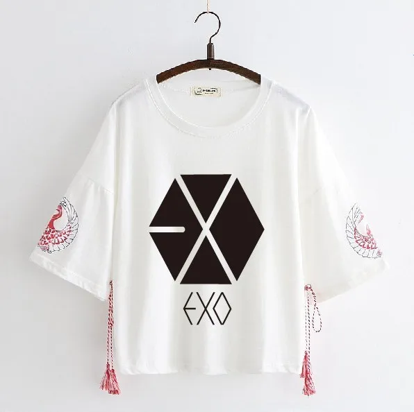 EXO хлопковая Футболка k pop в японском стиле маленькая футболка с круглым вырезом