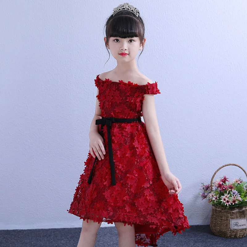 

Off the Shoulder Flower Girl Dresses for Wedding Short Front Long Back Kids Pageant Dress for Birthday Princess Party Dress B419