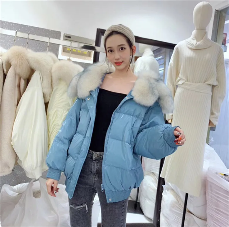 blue Высококачественная Роскошная зимняя куртка в британском стиле пуховое пальто с капюшоном и натуральным лисьим мехом толстое теплое пуховое пальто с воротником из натурального Лисьего меха - Цвет: blue