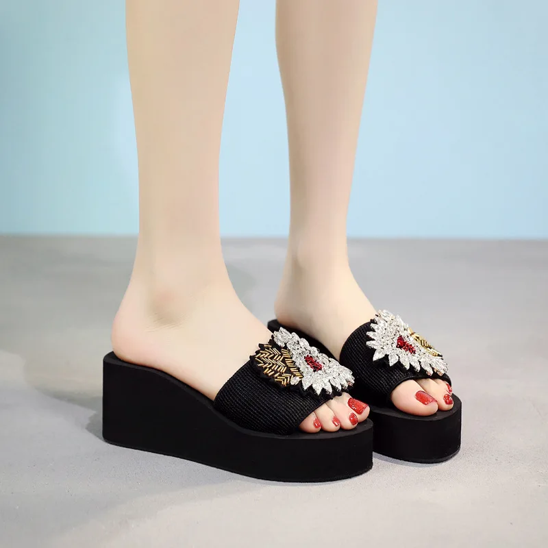 На толстой подошве Туфли украшенные кристаллами Женская летняя обувь с открытым