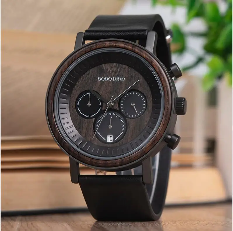 BOBO BIRD мужские часы лучший бренд класса люкс relojes hombre деревянные наручные часы мужские шоу Дата Подарок saat erkek часы - Цвет: black