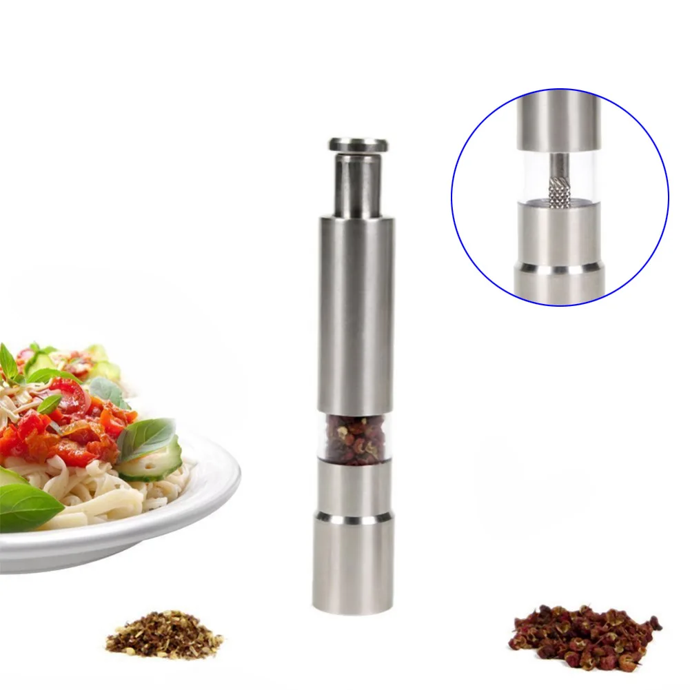 

Hand Grinding Bottle Stainless Steel Pepper Mill Salt Shaker Grinder Combo Push Button for Travel Kitchen Tools XH8Z