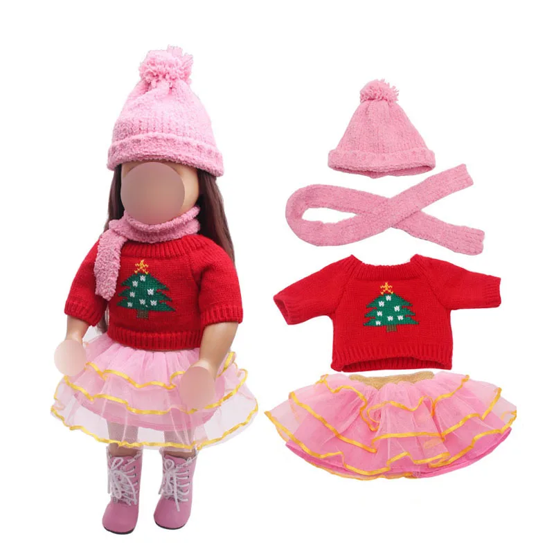 

18 inch Girls doll clothes Winter Dress sweater + hat + scarf + cake skirt American new born Baby toys fit 43 cm baby c383