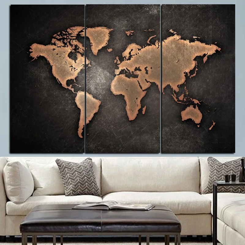 Большая винтажная карта мира 3 панели абстрактная картина маслом на холсте