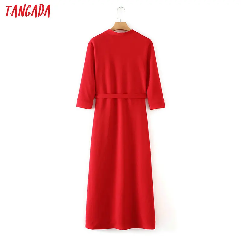 Tangada красное платье элегантное платье на запах платье с запахом платье ниже колена длина миди платье с V-образным вырезом с рукавом 3\4 платье с поясом классическое платье красного цвета 1F01