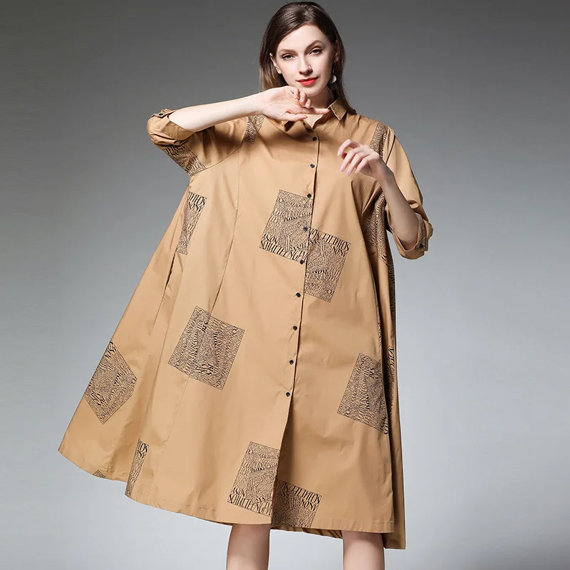 Женское платье рубашка LANMREM большого размера с принтом и длинным рукавом